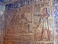 dwellerinthelibrary:  Ramesses II worshipping himself (second from the right), along with Onuris-Shu, Tefnut, and Nekhbet (PM VII, p 61). In the Temple of Amun and Ra-Horakhty, Wadi es Sebua.  I am GOD