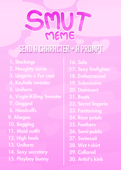 sidebloggable: A smut art meme, in the same vein of the gore meme, with outfit/theme prompts! Remember to specify if you’re uncomfortable with any of the prompts, and tag art appropriately when finished.