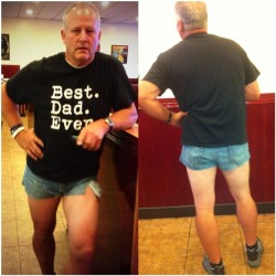 malkatz:  kindasortahappy:  m-yley:  My mom told me to change my “slutty” shorts before we went to dinner. I said no. So my dad cut his jeans to fit in. We went to dinner and then mini golf like this.  His legs look wonderful  the shirt tells the