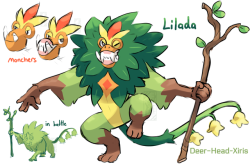 deer-head-xiris:  This is my first time making an evolution prediction and I’m sure I’m WAY off, but here’s my final evo for Grookey, Lilada! If anything I do desperately hope the final evo is based on a gelada  