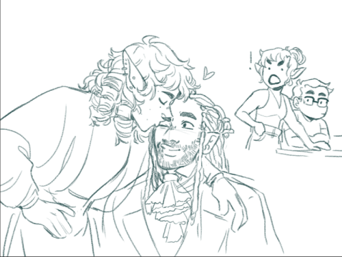 herbgerblin:[ID: Sketch of Taako, a male elf with long, curly hair and loose clothing. He is bending down to plant a kiss on the side of Kravitz face. Kravitz, a half elven man with fancy clothes and long, dreaded hair, looks up and him and smiles. In