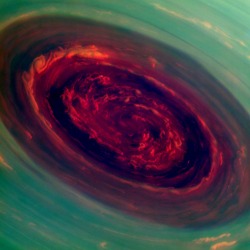 runridewine:  A Hurricane on Saturn. The Cassini spacecraft’s narrow-angle camera recorded this stunning image of the vortex at the ringed planet’s north pole.  Enormous by terrestrial hurricane standards, this storm’s eye is about 2,000 kilometers