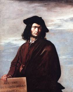 artmastered:  Salvator Rosa, Philosophy, c.1645  The painting shows an openly challenging and brooding character, which is underlined by the Latin inscription on the stone, lower left, below the right hand of the painter: ‘Be quiet, unless your speech