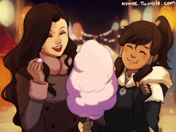 korrasami at the glacier spirit festival and enjoying some cottoncandy~ &lt;3 &lt;3 &lt;3pretty sure they call this something else like&hellip;&ldquo;fluff sweets&rdquo; lol XD