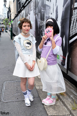 tokyo-fashion:  17-year-old Hana and 15-year-old Nachi on the street in Harajuku. Hana is wearing a Bubbles top with a WEGO skirt and ANAP platform sandals. Nachi is wearing a Bubbles top with a Bubbles sheer skirt and Spinns platform sandals. 