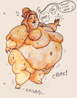 tasty-butterpear:Pudgy watercolour girlfriend is getting seriously big! And she’s starting to worry about how fast she’s gaining as she realises her body can’t take all that weight. Being supersized and rotund is a challenge!