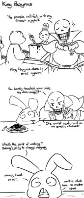 nyublackneko:  A comic expanding from my “All hail King Papyrus” pic. You know, after Asgore and all other leader figures gone, I somewhat doubt the monsters from the underground would simply follow Papyrus’ new rule. They would want their old