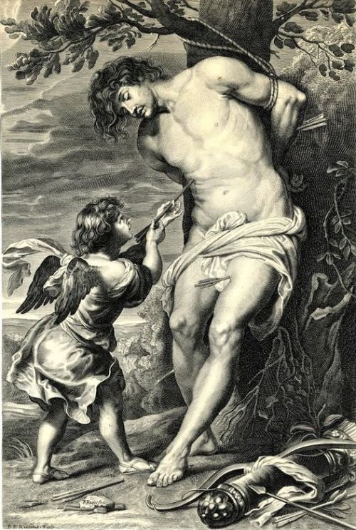 alanspazzaliartist:  Paulus Pontius (1603-1658) was a Flemish engraver and painter. He was one of the leading engravers connected with the workshop of Peter Paul Rubens.St Sebastian (engraving), the martyr tied to a tree, his body pierced with arrows,