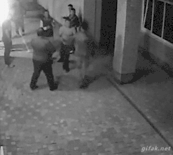 the-history-of-fighting:   The guy on the right in the dark top is funny, you can see the ass drop out of him step by step as his mates drop. Anyone who fights in a gang against a single opponent, is a pussy!  Not a pussy. &ldquo;The man is the wolf of