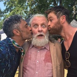 theavengers:taikawaititi: By Odin’s Beard, it’s Mr NZ and Mr Aus sharing an Anzac kiss through a sweaty Anthony Hopkins filter. You guys think I just fuck around all day hanging out with celebrities, but really I’m creating cultural ties and spiritual