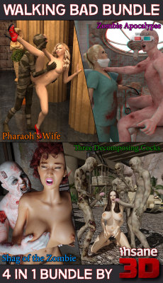 More horror monster bundles available now by Insane3D! Horror  porn parody bundle. Post-apocalyptic scenes, ugly zombies fuck sexy  hotties! 99 pages total   40 pages of hardcore action in 3D.  You get 30% off when goin for the Bundle! Walking Bad Bundle