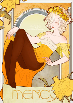 soy-bun:  Art Nouveau Overwatch Girls by soy-un.tumbr.com – Mercy, D.Va, Tracer, Widowmaker, and Mei inspired by Alphonse Mucha’s works! ————-   Please do not repost/reedit artwork, use it for any reasons without permission, delete its captions,