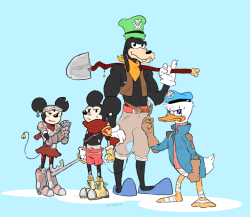 Goofie, Mickey, Minnie, and Donald redesigned for a more sonic boom-esque setting