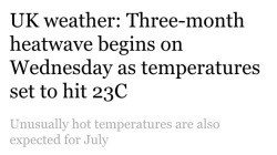 johanirae:  theawkwardpincushion:  carryonmypaintedwhore:  nyocan:  ronaldwheasley:  ronaldwheasley:  i hate everything  THE HEATWAVE HAS OFFICIALLY BEGUN WE ARE GOING TO BURN  So the Americans will understand, 23 Celsius is the same as 73 Fahrenheit.