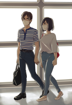 kasaism: that one au where eren and mikasa are kpop idols and they cross paths at the airport and decide to walk together because   they don’t get to see each other often so this is always rewarding for them (◕‿◕✿).   permission to post. eremika