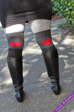 sockdreams:  Colt Over the Knee | Tavi Noir  Forget about wearing your heart on your sleeve, keep it chic and over the knee! These super soft, two-toned, cotton OTKs even have a high density silicone grip sole adds stability to your sweet and stylish