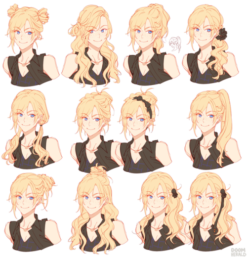 doomherald: long time no art! here are some hairstyle ideas for ffxv swaps. originally started as a request for prompto styles, then i kept going c: prom: requester specified no braids. kept the bangs the same across the board to make her a little more