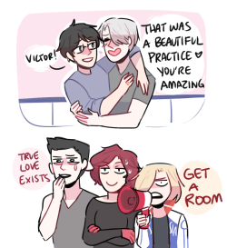 randomsplashes: randomsplashes: concept: victor and yuuri flirting with each other non-stop during practice and not even yurio’s loudspeakers can stop them bonus: yurio bought some big ol speakers (thanks to victor’s credit card) just for this occasion 