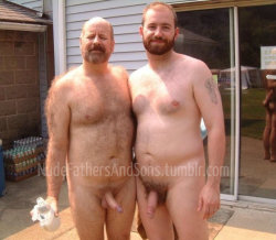 nudefathersandsons:  Real father and son nudists…. dad looks a little turned on.