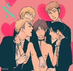 yuutayo:  for mikachuri !! i know you asked for this quite a while ago and i accidentally deleted your message so i hope this is at least close to what you wanted …the original message asked for a version of this picture with eren, jean, levi, armin,
