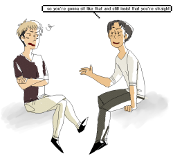 kirschtein-relatable:  raivais:  i cant stop thinking of how jean sits  look at him look at this i am gogn to pee what a Gay  IM LAUGHING SO HARD BECAUSE MARCO LOOKS SO SHOCKED TOO  &ldquo;What a gay!&rdquo; 