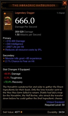 pyronoid-d:  someone in my Diablo game today got a burger drop just a burger capable of 666dps 