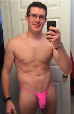 thongboyadventures:  thong-jock:  Cleancut, boy next door packing a major bulge in his skimpy pink string.  This is hot because if he was wearing clothes you would never know he had a skimpy pink string on.