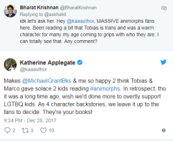 batmanisagatewaydrug: theofficialmcr: for any animorphs fans out there, KA Applegate is like doing everything right that JKR is doing wrong oh this is SO GOOD because unlike J.K., there’s both an acknowledgement that fanon interpretations are totally