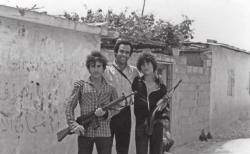 Black Panther Party founder Huey P. Newton outside an unnamed Palestinian refugee camp in Lebanon, 1980. Via Rose Daraz 