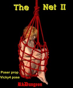 The Net II  A net prop for Victoria 4 or any other figure or use. In the product are included a net prop (pp2) and a Vicky4 pose (pz2) The Net II comes with two morph dials, one for the rope length and one  for turning the net more round to put inside