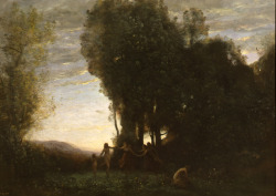 Jean-Baptiste-Camille Corot (Paris 1796 - Ville d'Avray 1875); Ronde de Nimphes - Effet du Matin (Circle of Nymphs - Morning Effect), c. 1857; oil on canvas, 58 x 37 cm