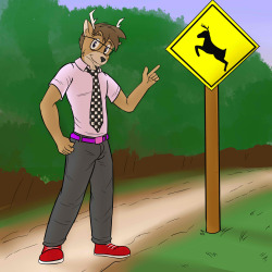 Casey walking down the park trail path when pointing out the irony in a deer crossing sign when they’re in the wilderness, course there’s gonna be deer.