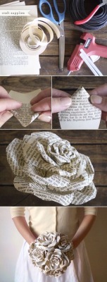 vethox:  Storybook Paper Roses bouquet. It would kill me to rip apart a book for this, but this is SUCH a cool idea cost effective. Smaller ones can be made for the bridesmaids. My only concern is if the ink rubs off on the dress.