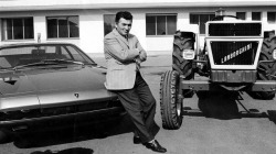 carversed:  Ferruccio Lamborghini standing with a Lamborghini Jarama and a Lamborghini tractor