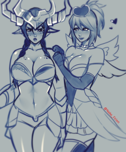 Finished Ko-Fi sketch of Shyvana and Heartseeker Quinn for Neko_Firion.Want an sketch like this? You can donate 3 coffees through Ko-Fi to get one!