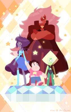 slimu:  Steven and the Homeworld Gems It was recently my one-year anniversary working on Steven Universe! The crew got invited to participate in a Cartoon Network Halloween exhibit @gallerynucleus​ and this was my piece. :&gt; The recent string of
