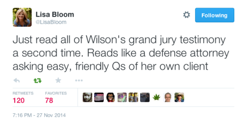 justice4mikebrown:  Lisa Bloom on Ferguson grand jury and Darren Wilson’s testimony (storify) More: Lisa Bloom on the sham indictment proceedings against Darren Wilson (storify) 