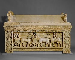 Ancientpeoples:  Limestone Sarcophagus  It Shows Chariots And Attendants On Horses.