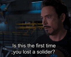 glutenfreewaffles:  Do you ever think Tony feels guilty that all those men and women were killed because he was targeted and they were ordered as soldiers to protect him? Because I do.  