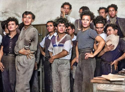felixdeon:  A hand-colored photo from 1935 to 1940 of a group of gay men, taken in  jail, after they had been arrested for “public indecency,” in Mexico  City. I’m amazed by the attitude of some of these men, posing defiantly  and glamorously in