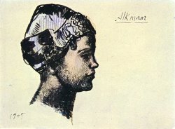 expressionism-art:  Profile of young dutchwoman via Pablo PicassoSize: 12x16 cmMedium: indian ink, chalk on paper