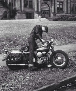 The-Rolling-Gi:  1950S Greaser Leaving High School And About To Start Up His Motorbike.