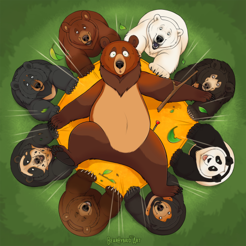 bearlyfunctioning: Here’s to 7 years of TheBearMinimum!  A ‘trust’ fall with all the bears that show up in the comic, as they would be in full color! This was an extremely big effort to paint with so many characters &amp;  is only just releasing