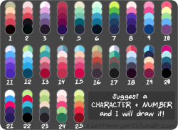 zippi44:  zoestanleyarts:  I wanted to make one of those color palette memes with my favorite color schemes.   YOSH!! Tell me any character from the series I tagged below in a personal message! I wanna practise a little (and I just canceled my date, so