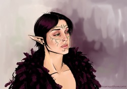 dreamingofghosts:  A little Merrill doodle in between projects. This kind of turned into Blood Mage Merrill as an Inquisition advisor. Thanks so much @materia–girl for the awesome reference photos!! 