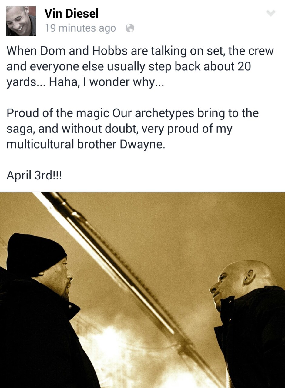 fast-and-the-furious:  » Vin Diesel gives a shoutout to costar and friend Dwayne