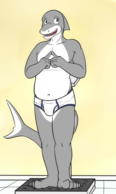Raffle Request - Trev the Shark standing on a scale in his undies.