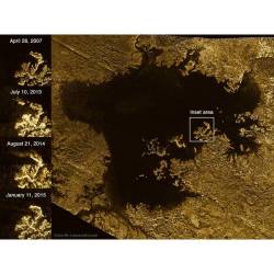 Mystery Feature Now Disappears in Titan Lake #nasa #apod #cornell #jpl  #esa #titan #moon #saturn #cassini #spacecraft #hydrocarbon #sea #methane #ethane #lakeligeiamare #flyby #probe #solarsystem #space #science #astronomy