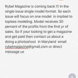 Rybel Magazine @rybelmagazine is coming back !!! In the single issue single model format. So each issue will focus on one model  in implied to topless modeling. Model receives 30 percent of the profits from the first yr of sales. So if your looking to