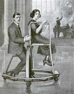 Dancing car, 1921. This dancing car moves easily about the floor on its Rubber-Tired wheels when the man propels it by dance steps.